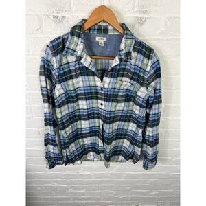 L.L. Bean Women's Plaid Flannel Button-Down Shirt Long Sleeve Blue White Size S